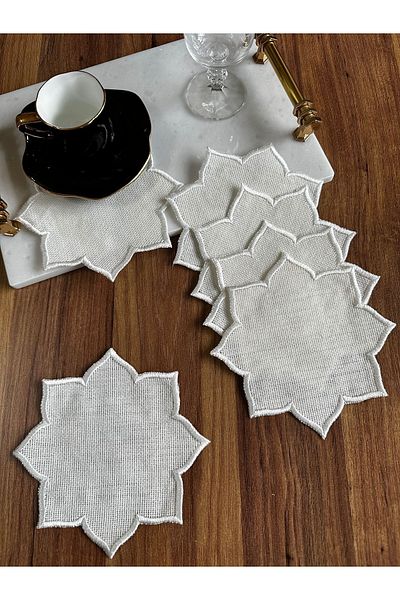 NURHAN HOME COLLECTION Star Model 6 Pieces Ecru Embroidered Cocktail Serving Napkin - Embroidered Etamine