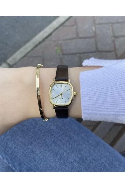 Spectrum Women's Gold Black Leather Corded Minimal Vintage New Season Women's Wristwatch