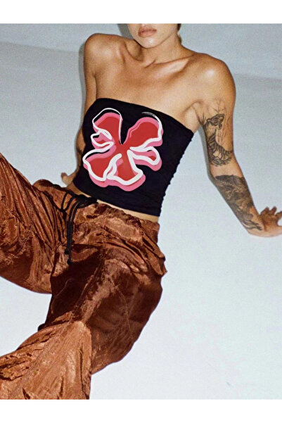 Jose Clothing Women's Black Patterned Bandeau Top Strapless Blouse