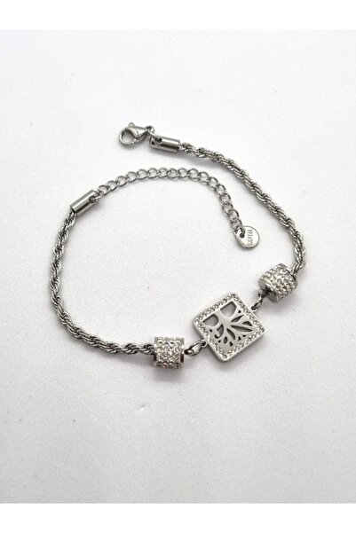 Brassito سوار نسائي من الفولاذ بتصميم مربع من حجر الزركون - لون فضي مع تفاصيل شجرة، خالٍ من التشويه، 100% من الفولاذ