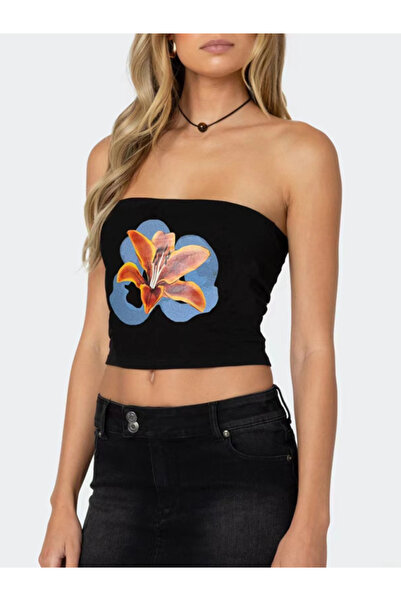 Jose Clothing Black Patterned Strapless Bandeau Women's Blouse