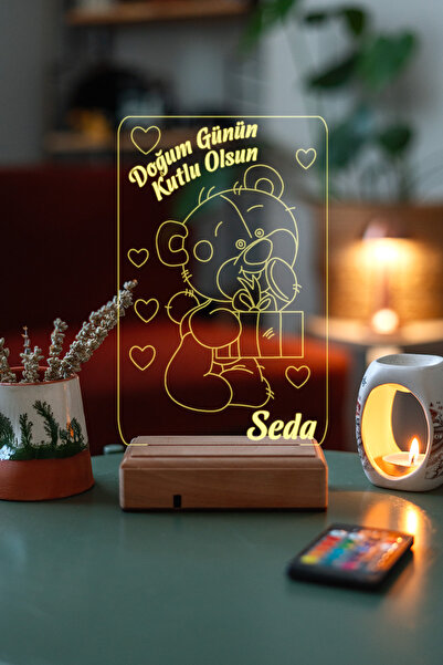 Modiwa Design Doğum Gününe Özel Hediye 3D Ayıcık ve Kalpler Gece Led Lambası