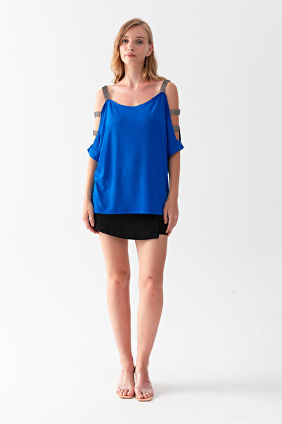 EtkiModa Γυναικεία Saks Μπλε μπλούζα V με ανοιχτούς ώμους και λεπτομέρειες γυαλάδας από βισκόζη