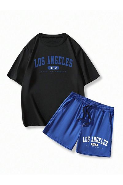 PERISENSE Σετ σορτς και μπλουζάκι Los Angeles Printed - Black Sax Blue