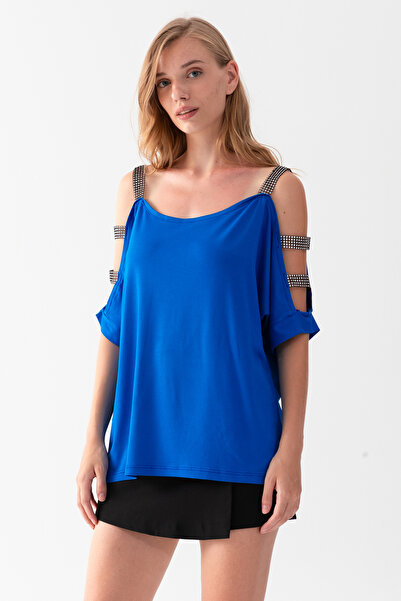 EtkiModa Γυναικεία Saks Μπλε μπλούζα V με ανοιχτούς ώμους και λεπτομέρειες γυαλάδας από βισκόζη