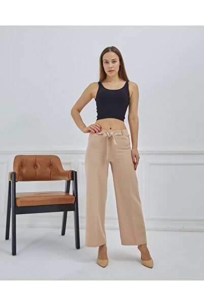 Wazze Duble Kumaş Beli Kuşaklı Bol Paça Pantolon