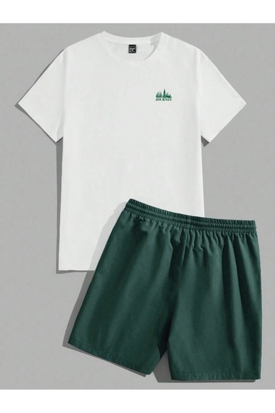 PERISENSE Σετ μπλουζάκι 2 τεμαχίων Traveler με στάμπα σορτς Λευκό Πράσινο Σετ