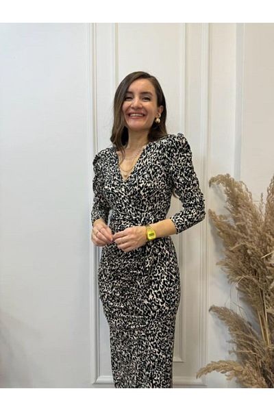 GDS BUTİK Φόρεμα με σχίσιμο με διπλό γιακά με λεοπάρ στάμπα