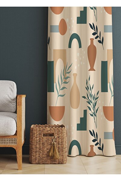 ALAMODECOR Krem Bohem Desenli Soyut Çizim Oturma Odası § Salon Fon Perdesi Te...