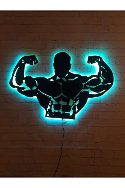 Genel Markalar Fıtness Gym Kas Adam Rgb Led Işıklı Ahşap Mdf Dekoratif Tablo