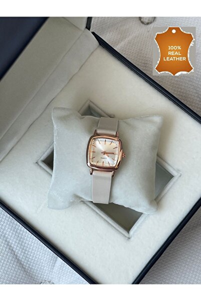 Brality Women Wrist Watch, Beige Color Rose Square Case , Real Leather Band, ...