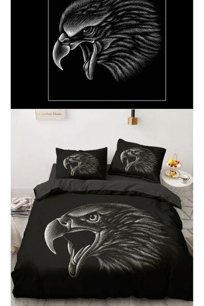 Elmas Dizayn طقم غطاء لحاف مزدوج مكون من 4 قطع - أسود ورمادي إيجل هوك، ستان خ...