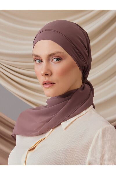 Femple Modest Şal de lux din şifon - Taupe trandafir, 170x65cm, Hijab cu bonetă