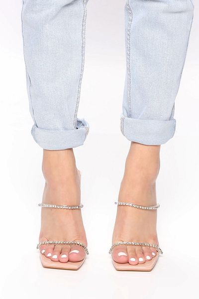 TrendyAnka Nude Color Transparent Crystal Stone 10Cm Tocuri Patrate Sandale Dama Papuci - Pantofi de rochie de seara de logodna de nunta