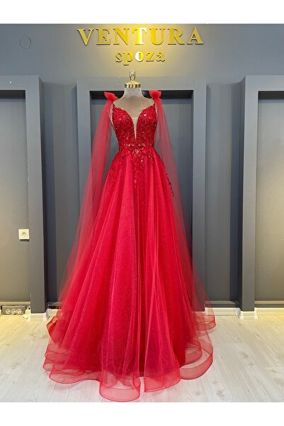 VENTURA SPOZA Kırmızı Ön Ve Yan Dekolteli Kınalık-nişanlık-abiye