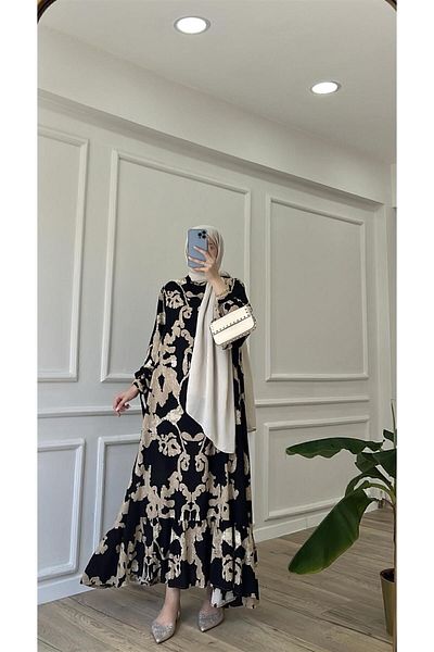 Tebessüm Life Black Cloud Patterned Premium Fabric Viscose Dress