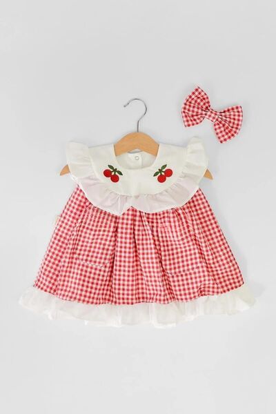 Mininaf فستان صيفي للفتيات الصغيرات بياقة مطرزة بالكرز الأحمر وجيب صغير مع إك...