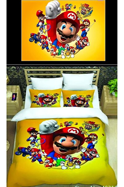 Elmas Dizayn طقم غطاء لحاف مزدوج - 4 قطع و2 ستارة خلفية، أصفر ماريو