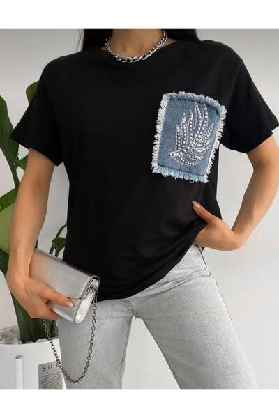 scyllastore Tricou negru cu decolteu rotund cu buzunar din denim și detaliu d...