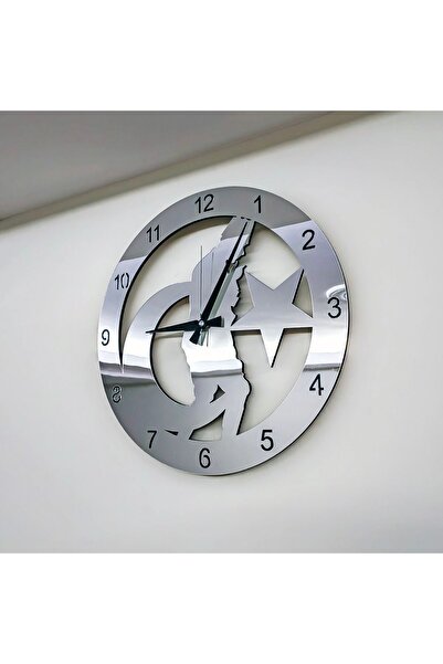 Genel Markalar Modern Dekoratif Gümüş Aynalı Duvar Saati Atatürk Portre Yuvar...