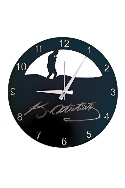 C TASARIM Dekoratif Siyah Ahşap Duvar Saati Kemal Atatürk Imzalı