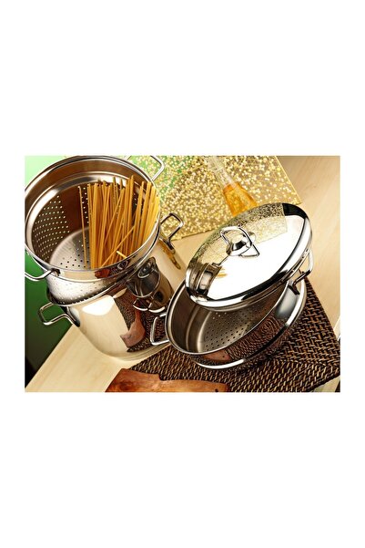 Hascevher Haşlama Süzgeçli Spaghetti Çelik Tencere 22x16,5 cm Çelik Kapaklı