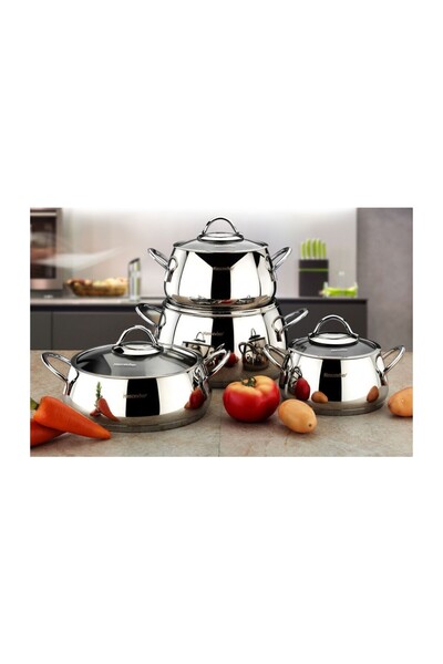 Hascevher Damla 8 Piece Steel Cookware Set with Glass Lid