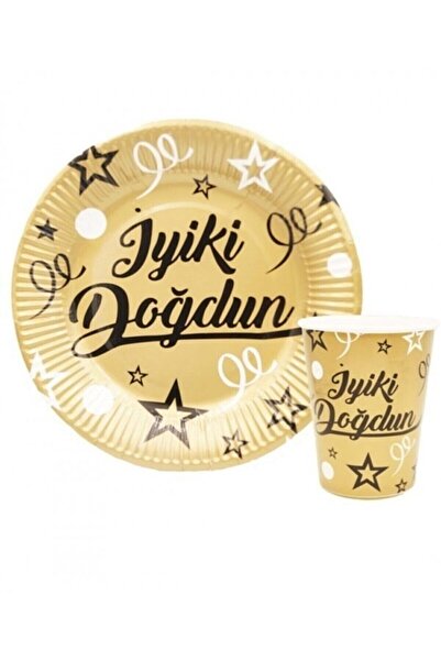 PartylandTR İyi Ki Doğdun Gold Siyah Karton Tabak Bardak Seti 16 Adet Tabak 16 Adet Bardak
