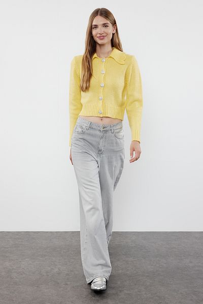 Trendyol Collection Sárga puha kötöttáru Crop kardigán - ékszergombos TWOAW25HI00098