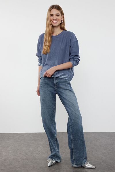Trendyol Collection Pulover tricotat cu imprimeu folie albastră TWOAW24KZ00969