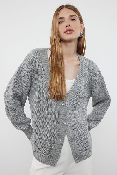 Trendyol Collection Gray V-Neck Knitwear Cardigan - TWOAW24HI00383