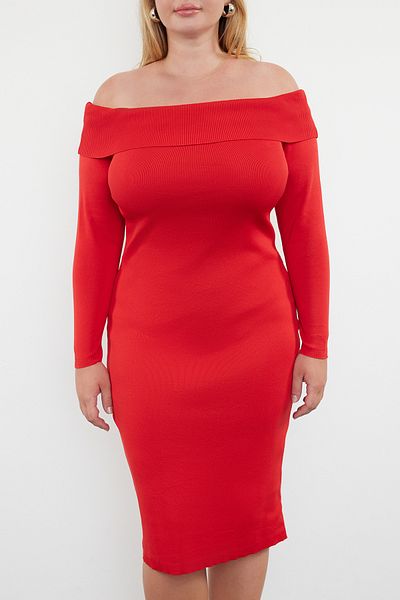 Trendyol Curve Carmen Collar Red Midi Knitwear Dress - TBBAW24AH00001