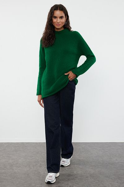 Trendyol Collection Pulover din tricot moale, fără sudură, cu guler vertical verde - TWOAW25KZ00048