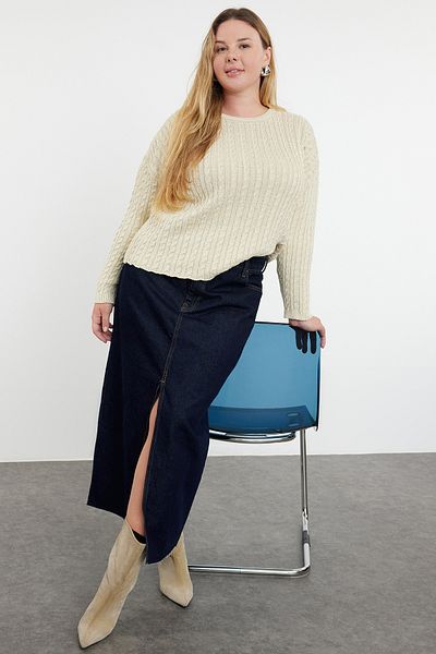 Trendyol Curve Beige Crop Knitwear Sweater with Hair Braid - TBBAW25AN00007