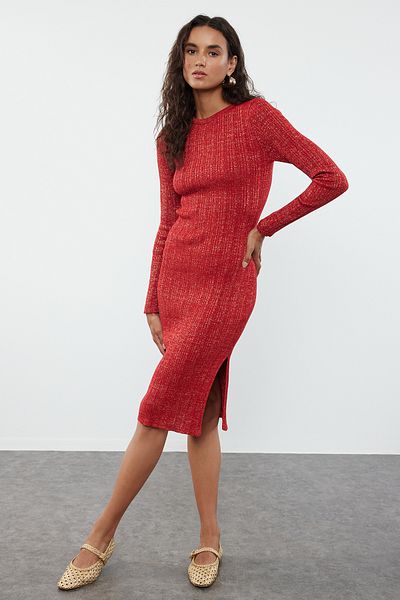 Trendyol Collection Rochie Midi Tricotaj Roșu Claret Glitter - TWOAW24EL00047
