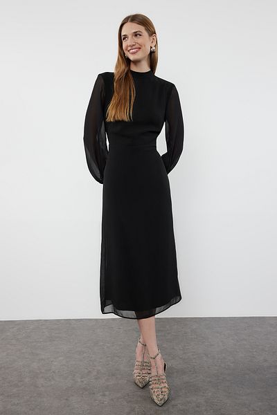 Trendyol Collection Μαύρο μίντι φόρεμα σιφόν - γραμμή Α, με λεπτομέρεια στην πλάτη και φόδρα, χειμώνας TWOAW25EL00172