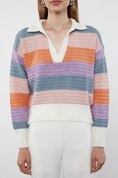 Trendyol Collection Polo Collar Ecru Knitwear Sweater - Soft Texture, Color Block Twoaw25Kz00280