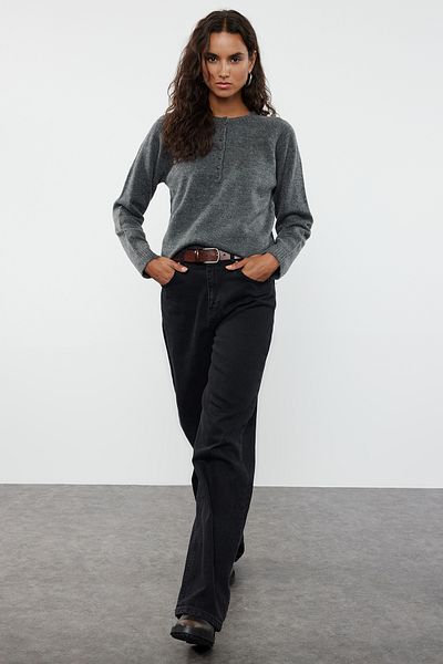 Trendyol Collection Soft Knitwear Sweater - Button Detail, Anthracite Twoaw25Kz00103