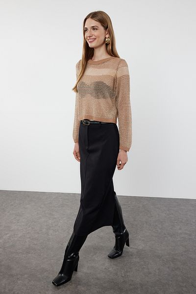 Trendyol Collection Glitter Transparent Transitional Camel Crop pletený svetr - Twoaw25Kz00140