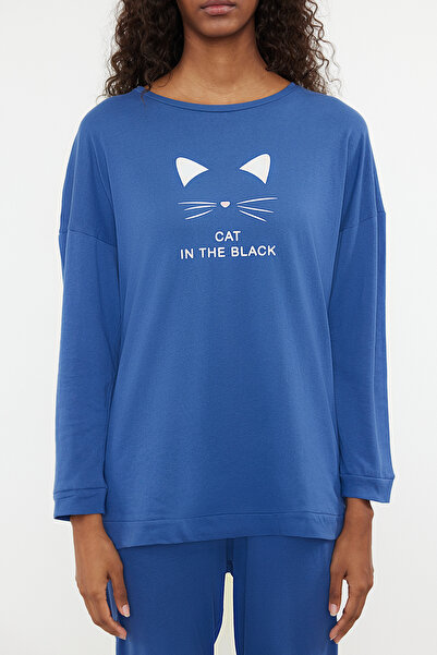 Trendyol Collection Set pijamale tricotate cu imprimeu albastru 100% bumbac THMAW22PT0611