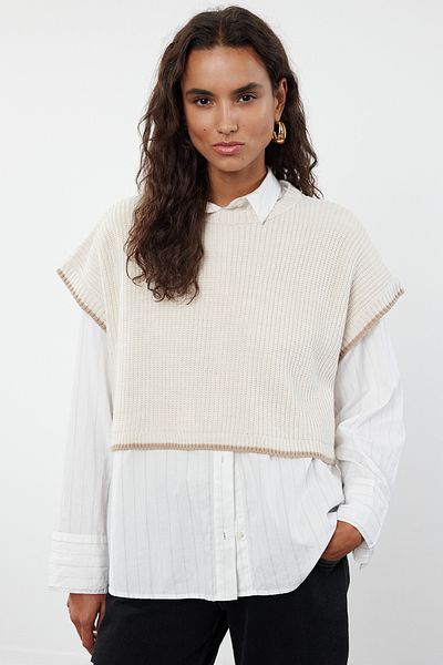 Trendyol Collection Mehr Sustainable Stone Color Wide Fit Crop Knitwear Pullover – Rundhalsausschnitt TWOAW25SV00004
