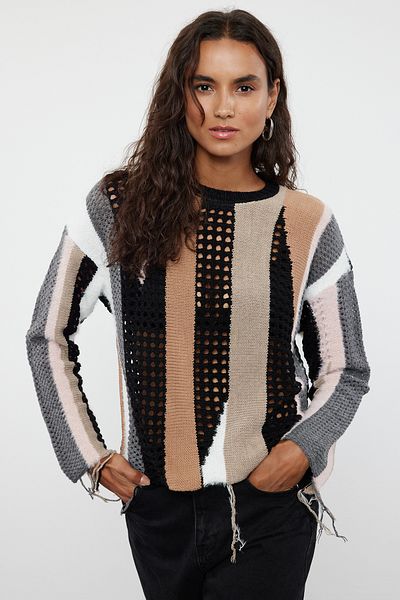 Trendyol Collection Pulover din tricot moale, negru, bloc de culoare - ajurat/perforat TWOAW25KZ00034