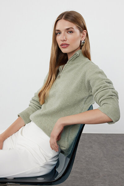 Trendyol Collection Mátový vlněný svetr na zip - stojáček Twoaw25Kz00044