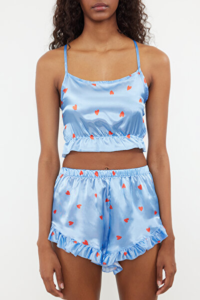 Trendyol Collection Blue-Multicolor Woven Pajamas Set with Ruffles and Back String Satin Shorts Thmss23Pt00048
