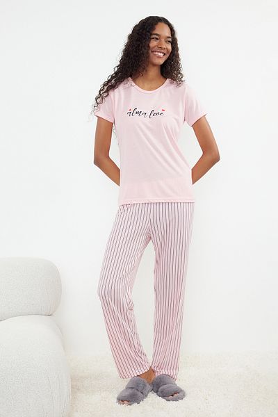 Trendyol Collection Light Pink Striped Knitted Pajamas Set - Slogan Printed THMSS24PT00251