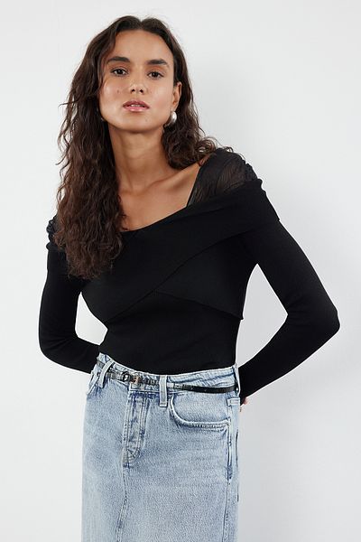 Trendyol Collection Czarny sweter z dzianiny Premium - tiul, detale, specjalna włóczka Twoaw25Kz00031