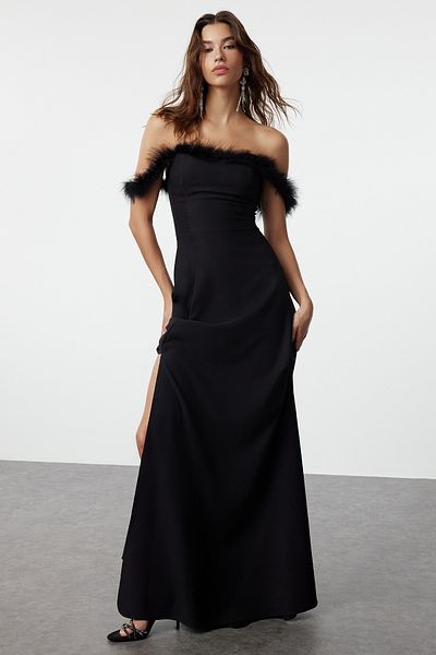 Trendyol Collection Μαύρο κομμένο Otriş Λεπτομερές υφαντό νυχτερινό φόρεμα αποφοίτησης TPRSS24AE00237