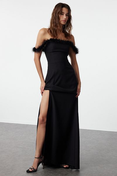 Trendyol Collection Μαύρο κομμένο Otriş Λεπτομερές υφαντό νυχτερινό φόρεμα αποφοίτησης TPRSS24AE00237