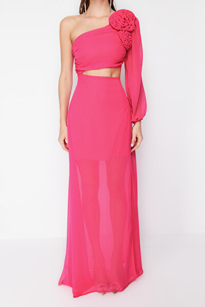 Trendyol Collection Fuchsiové A-Line podšité s okénkem/vystřiženým detailem Šifon Tkané Letové Letové Večerní šaty TPRSS23AE00077