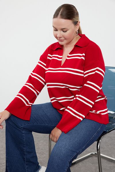 Trendyol Curve Knitwear Red Striped Sweater - TBBAW24AN00013